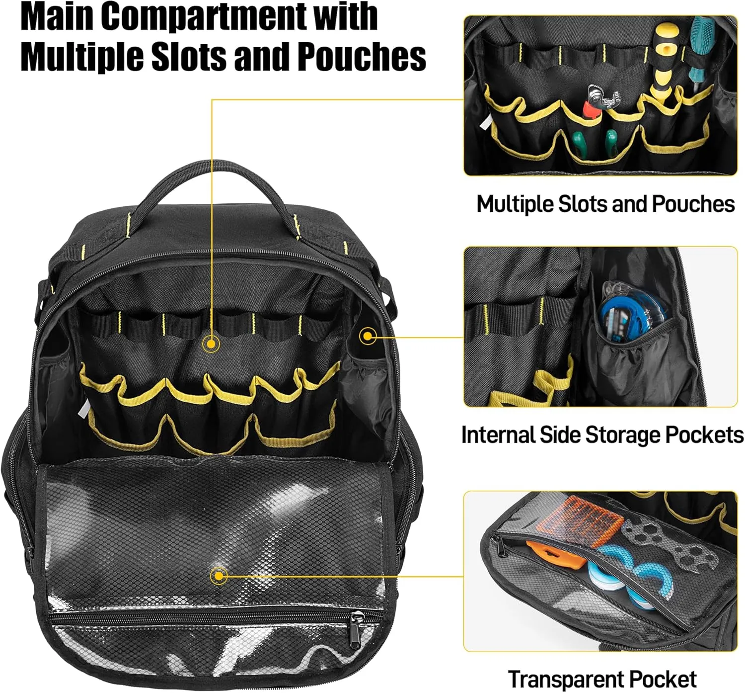 Tool Bag Backpack for Men with 3 Tool Pouches, Heavy-Duty Tool Storage Organizer Bag with Padded Shoulder & Waist Support, Tactical Work Tool Bag for Electrician, Repairman, HVAC Techs, Black