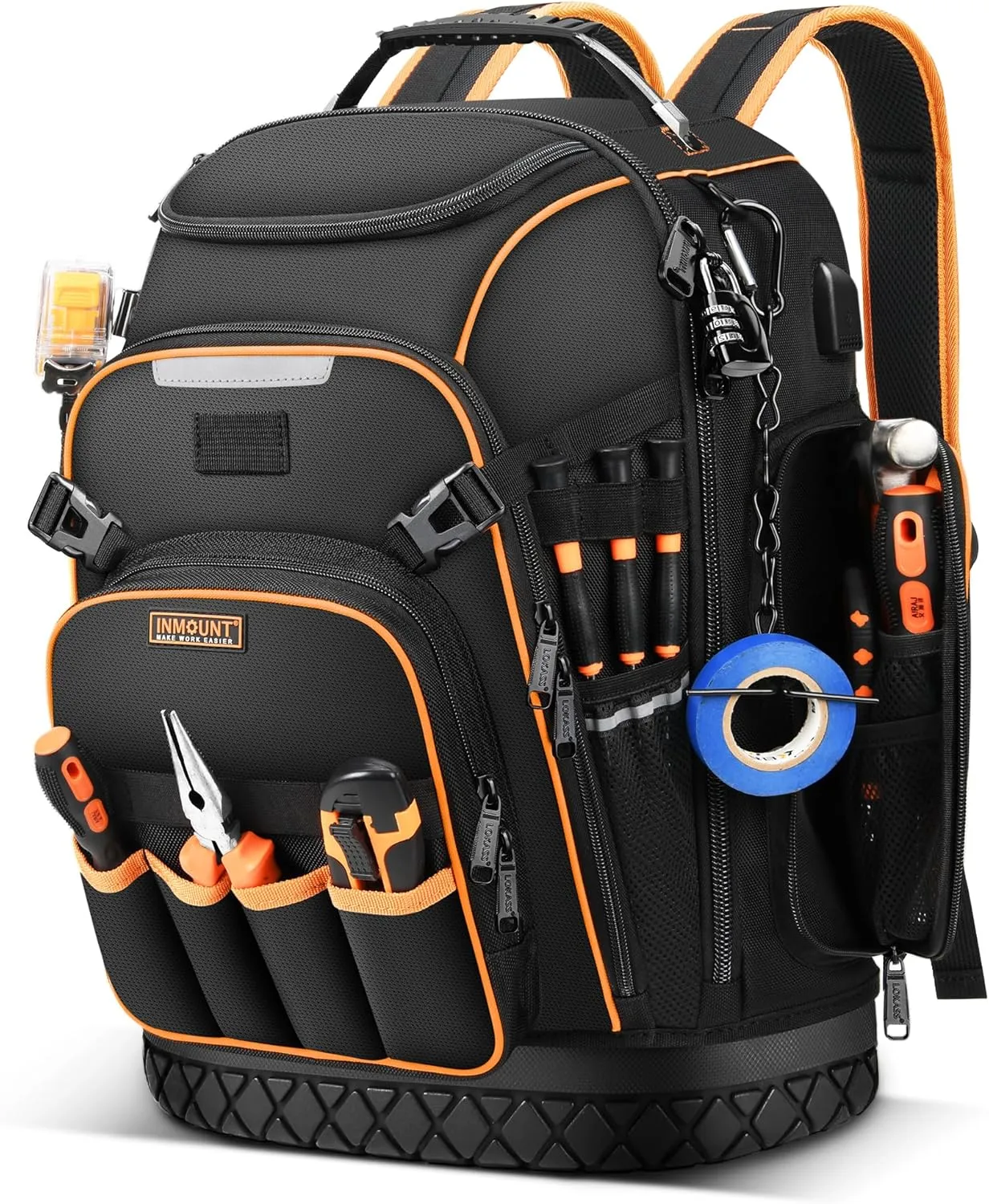 Tool Bag Backpack Heavy Duty, HVAC Tool Bags for Men with Molded Base, Electrician Back Pack for Construction Jobsite Work, Large Tools Organizer Storage with Combination Lock, Black