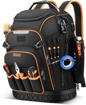 Tool Bag Backpack Heavy Duty, HVAC Tool Bags for Men with Molded Base, Electrician Back Pack for Construction Jobsite Work, Large Tools Organizer Storage with Combination Lock, Black