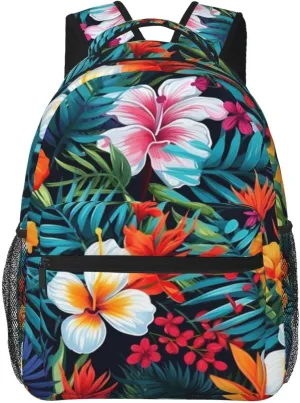 Topical Flowers Palm Leaves Backpack Lightweight Laptop Backpack Casual Daypack Travel Double Shoulder Bag For Women Men