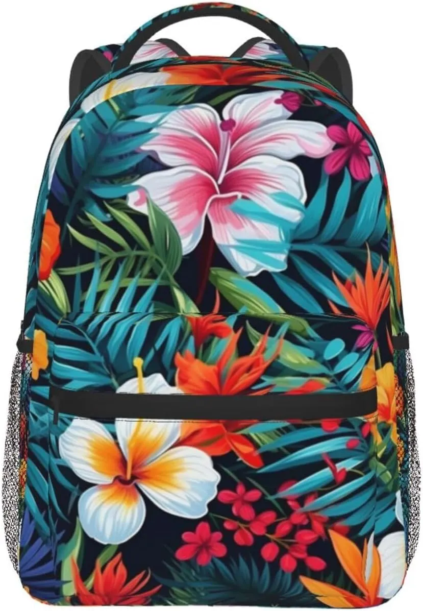 Topical Flowers Palm Leaves Backpack Lightweight Laptop Backpack Casual Daypack Travel Double Shoulder Bag For Women Men