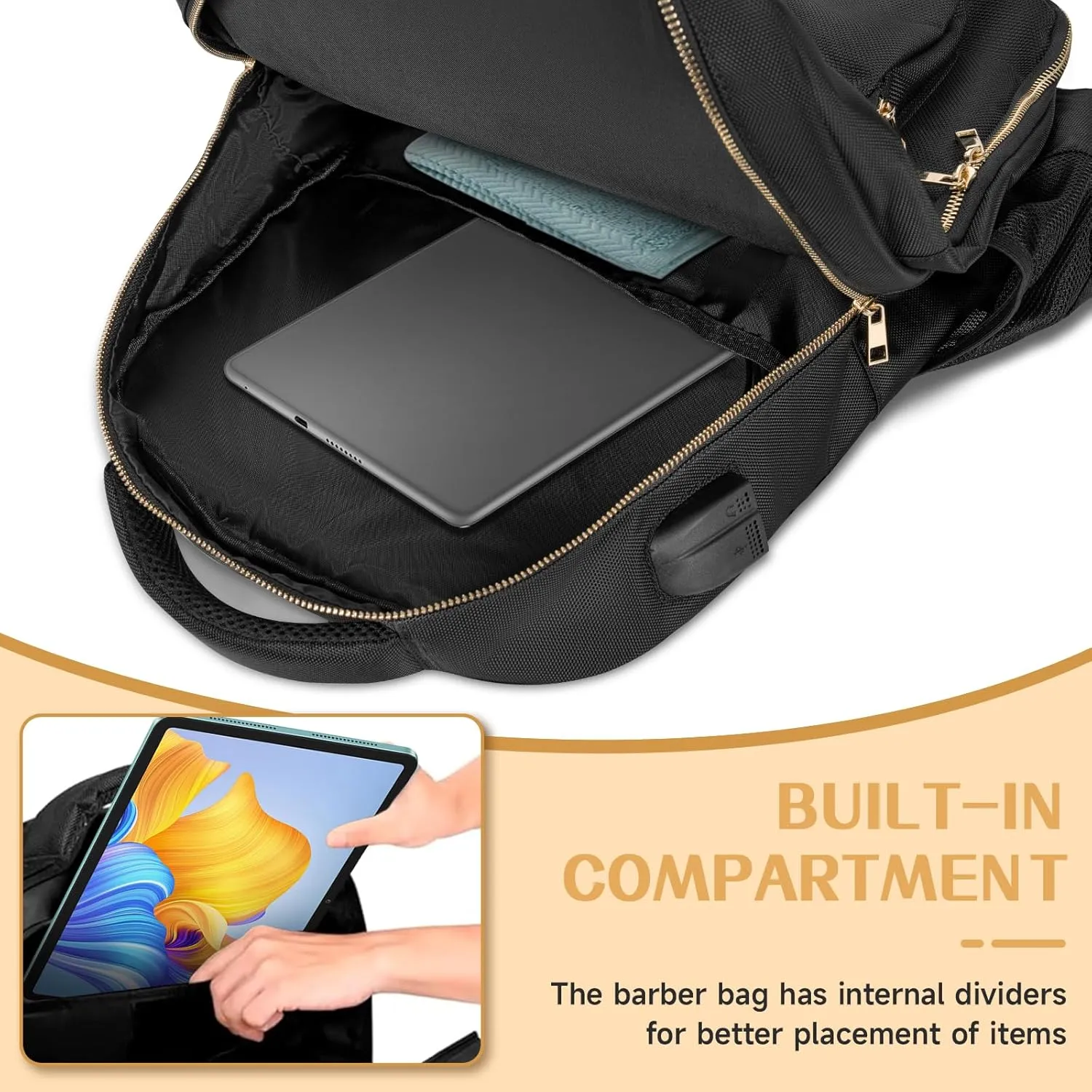 TORIBIO Barber Supplies Bag for Clippers and Supplies, Hairstylist Clipper Portable Backpack for Barber Tools (Black   Gold)