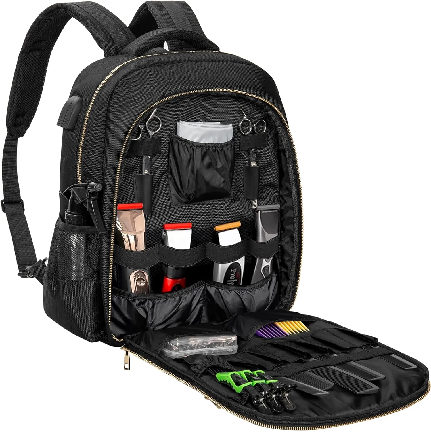 TORIBIO Barber Supplies Bag for Clippers and Supplies, Hairstylist Clipper Portable Backpack for Barber Tools (Black   Gold)