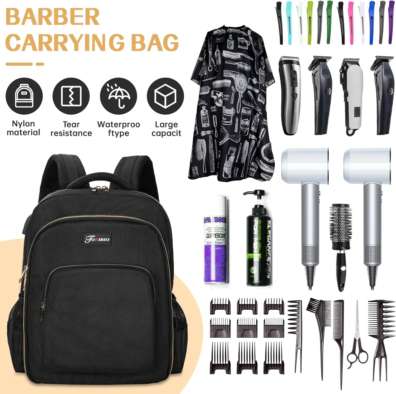 TORIBIO Barber Supplies Bag for Clippers and Supplies, Hairstylist Clipper Portable Backpack for Barber Tools (Black   Gold)