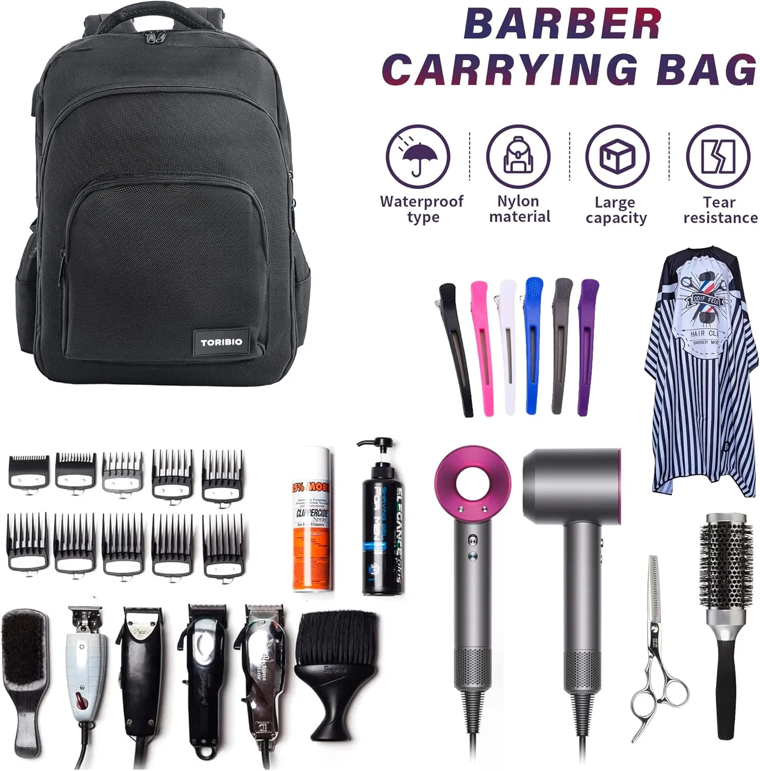 TORIBIO Barber Supplies Bag for Clippers and Supplies, Hairstylist Clipper Portable Backpack for Barber Tools (Black)