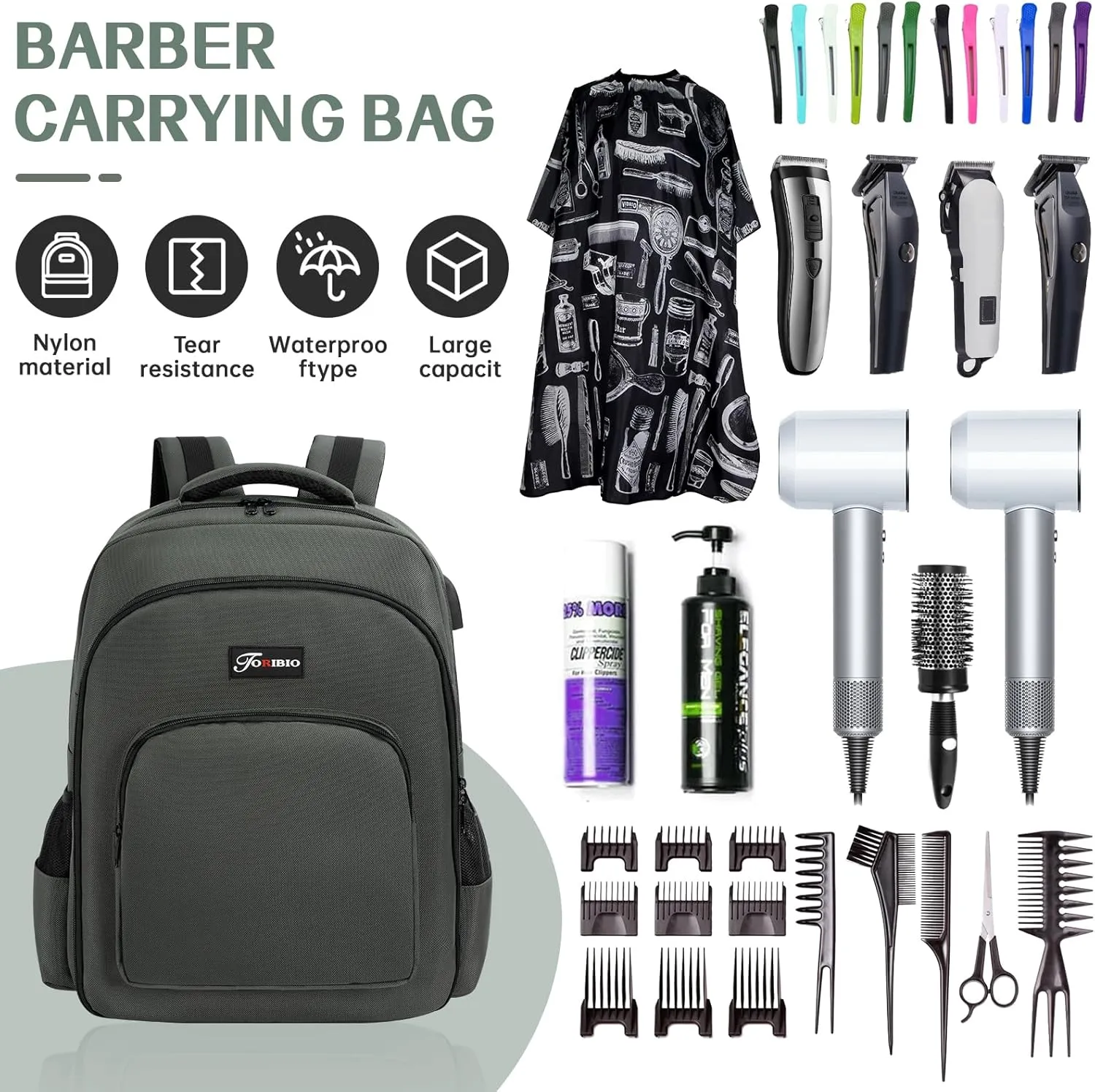 TORIBIO Barber Supplies Bag for Clippers and Supplies, Hairstylist Clipper Portable Backpack for Barber Tools (Gray)