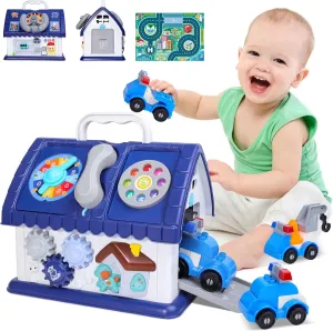 Toys for 1 2 3 Year Old Gifts Montessori Toddler Toys 8 in 1 Multi-Functional Learning House with Sound/Lights/Clock/Car/Telephone Early Educational Baby with 4 Building Block Cars