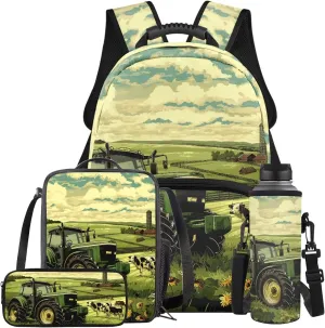 Tractor Backpack for Boys Ergonomic Kids Bookbag and Lunch Box Set Ages 12-14 Spacious Elementary School Bag 6th Grade Book Bag with Water Bottle Holder 4-Piece