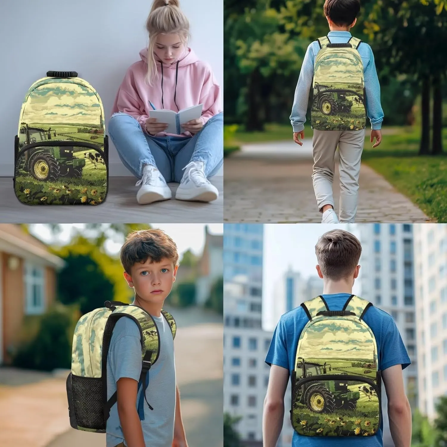 Tractor Backpack for Boys Ergonomic Kids Bookbag and Lunch Box Set Ages 12-14 Spacious Elementary School Bag 6th Grade Book Bag with Water Bottle Holder 4-Piece