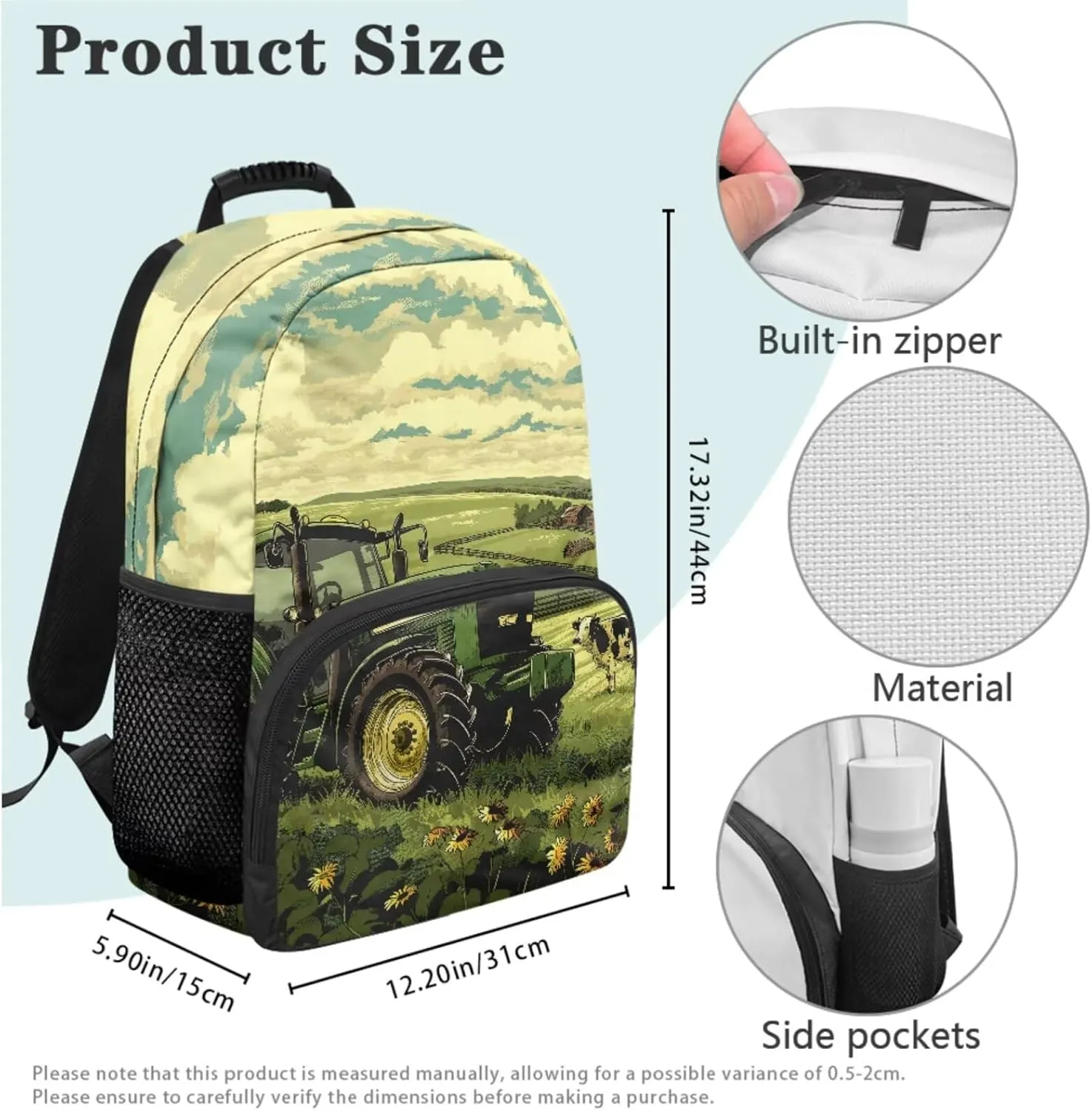Tractor Backpack for Boys Ergonomic Kids Bookbag and Lunch Box Set Ages 12-14 Spacious Elementary School Bag 6th Grade Book Bag with Water Bottle Holder 4-Piece