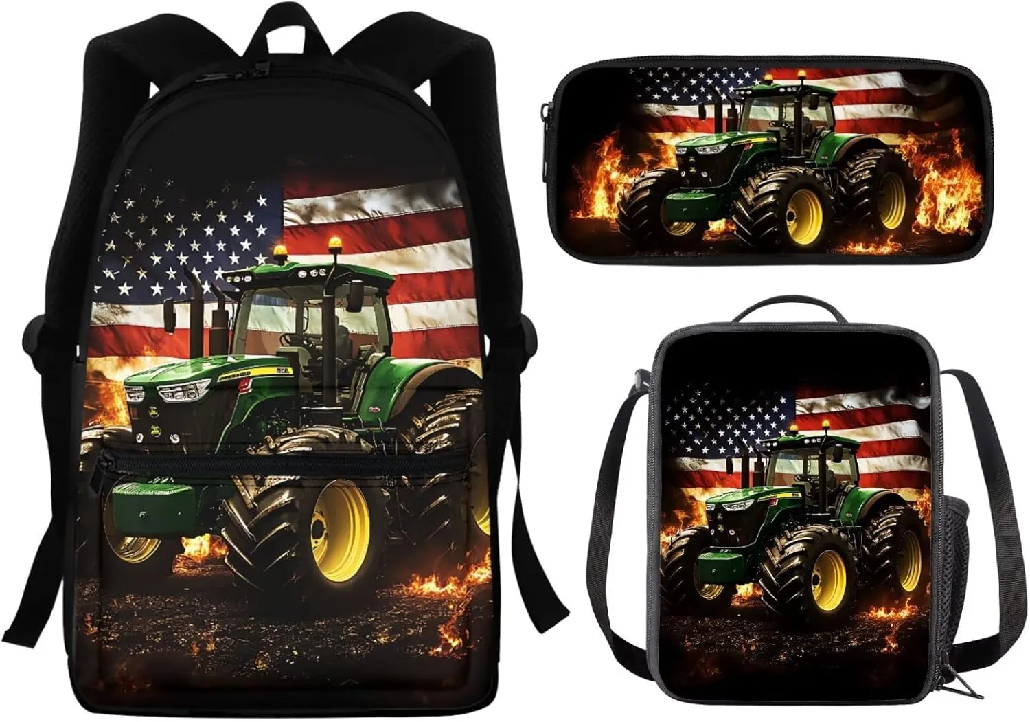 Tractor Backpack with Lunch Box Set for Boys Elementary Bookbag American Flag School Bag and Lunch Bag Pencil Case 3 In 1 Preschool Middle School Satchel Daypack 4th Of July