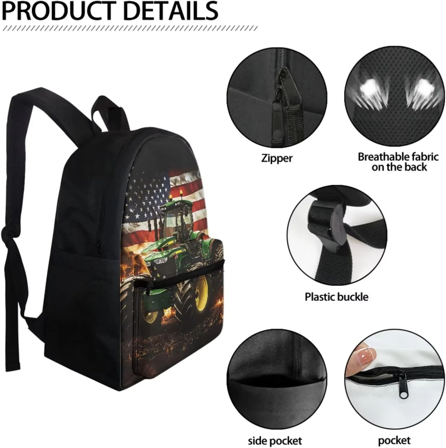 Tractor Backpack with Lunch Box Set for Boys Elementary Bookbag American Flag School Bag and Lunch Bag Pencil Case 3 In 1 Preschool Middle School Satchel Daypack 4th Of July