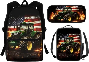 Tractor Backpack with Lunch Box Set for Boys Elementary Bookbag American Flag School Bag and Lunch Bag Pencil Case 3 In 1 Preschool Middle School Satchel Daypack 4th Of July