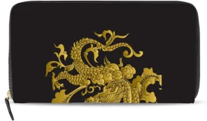 Traditional Chinese Golden Dragon Gold Dragon on Black Dark Leather Long Wallet Organizer with Zipper Purse Clutch Bag for Women Men Key Card Coin Passport Checkbook 8 x 4 inch