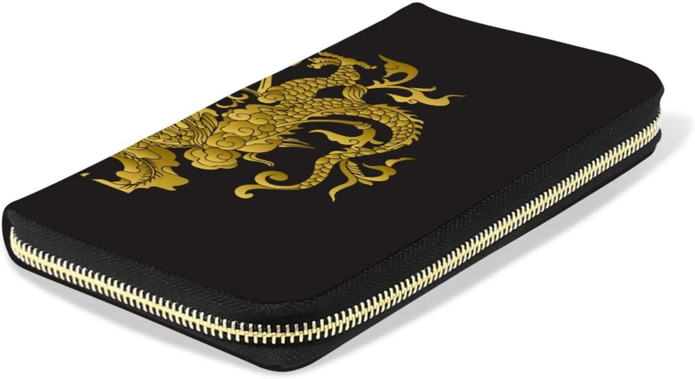 Traditional Chinese Golden Dragon Gold Dragon on Black Dark Leather Long Wallet Organizer with Zipper Purse Clutch Bag for Women Men Key Card Coin Passport Checkbook 8 x 4 inch