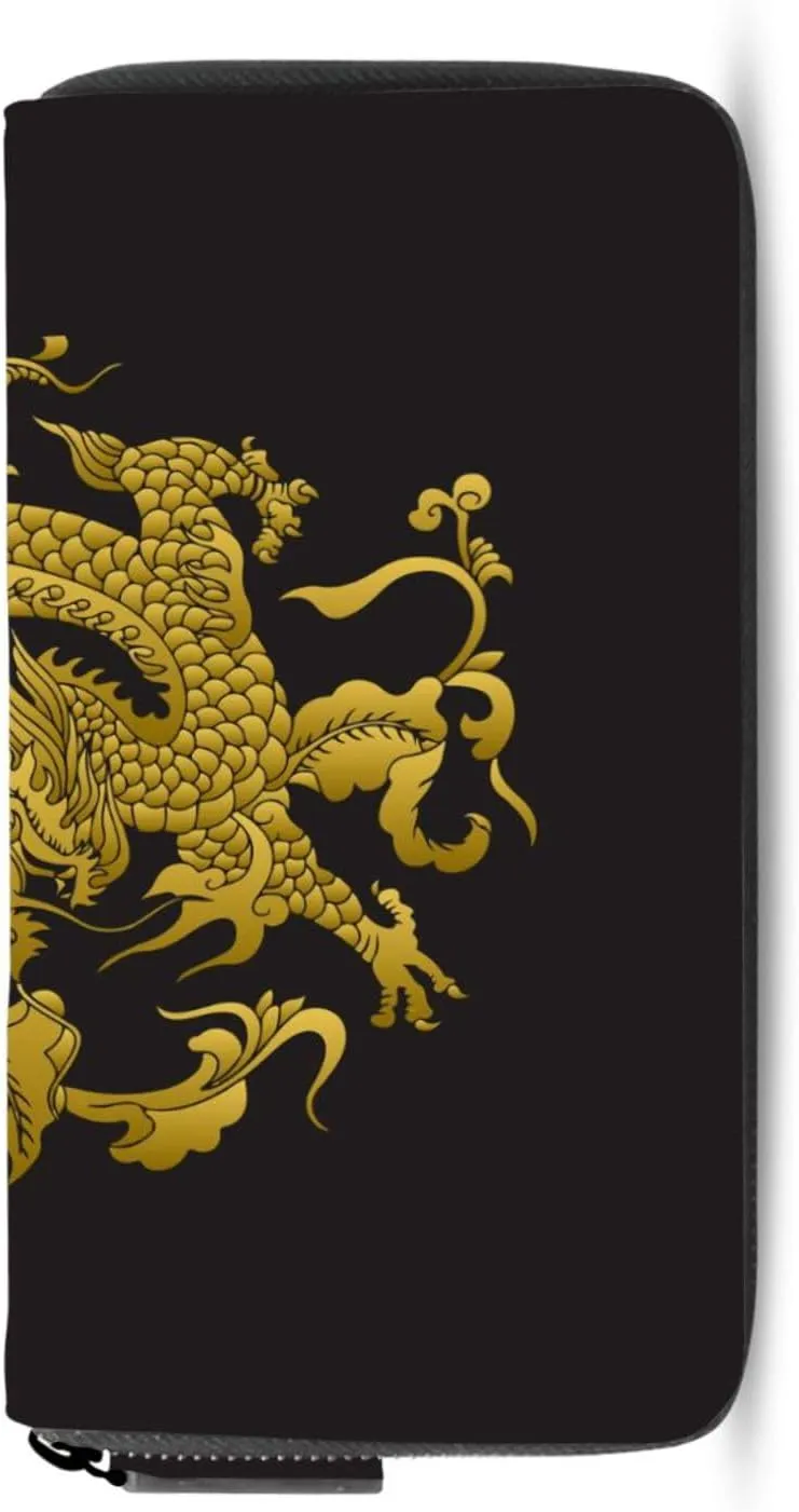 Traditional Chinese Golden Dragon Gold Dragon on Black Dark Leather Long Wallet Organizer with Zipper Purse Clutch Bag for Women Men Key Card Coin Passport Checkbook 8 x 4 inch