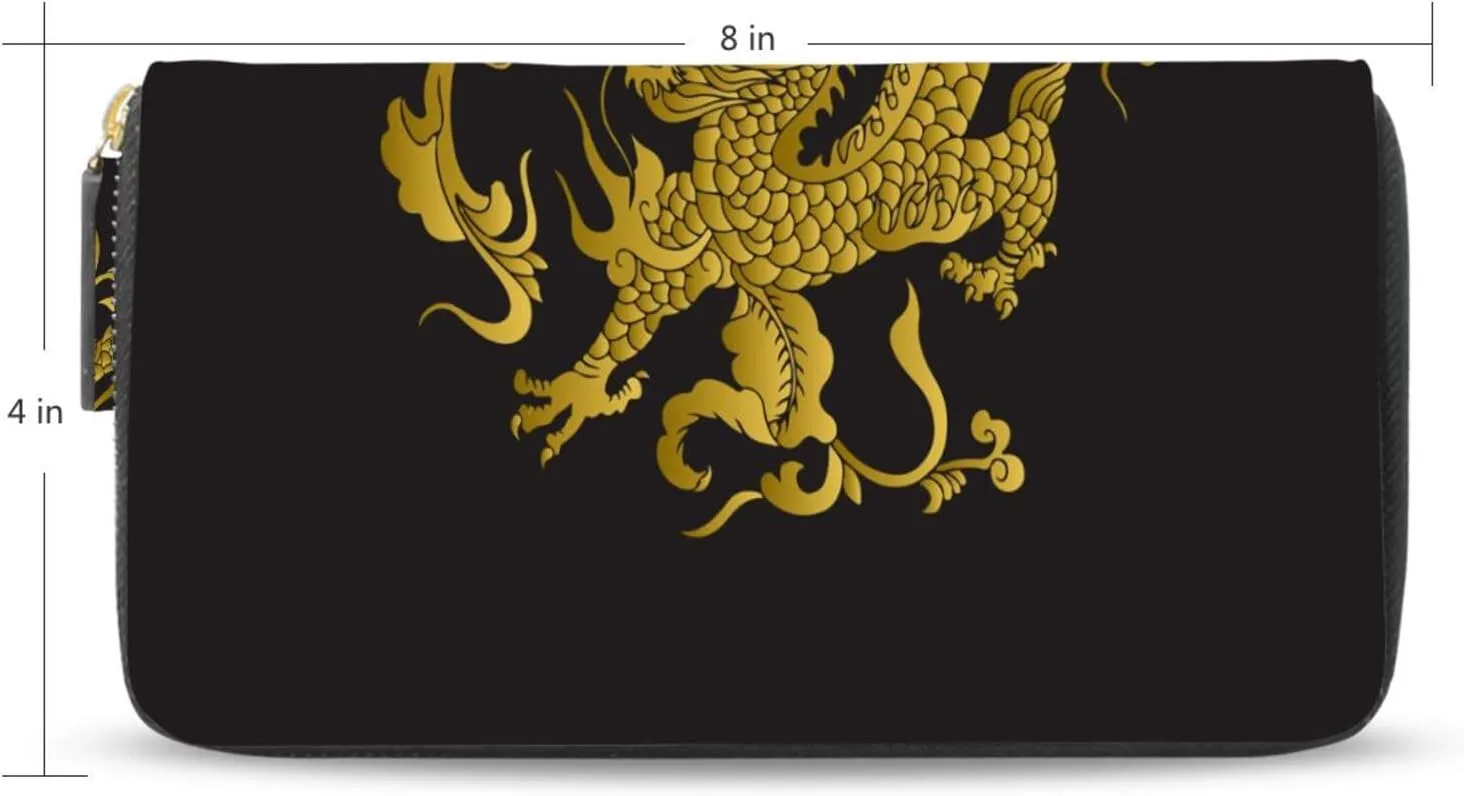 Traditional Chinese Golden Dragon Gold Dragon on Black Dark Leather Long Wallet Organizer with Zipper Purse Clutch Bag for Women Men Key Card Coin Passport Checkbook 8 x 4 inch