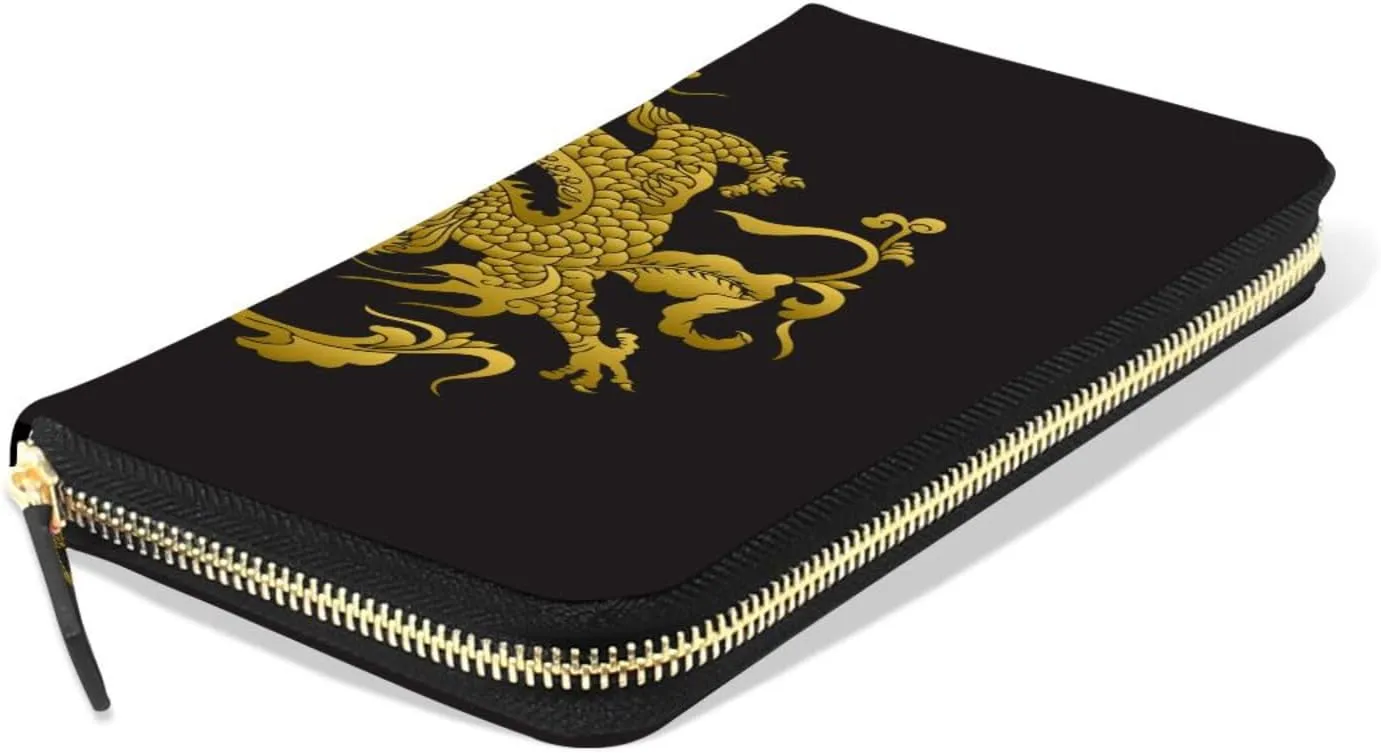 Traditional Chinese Golden Dragon Gold Dragon on Black Dark Leather Long Wallet Organizer with Zipper Purse Clutch Bag for Women Men Key Card Coin Passport Checkbook 8 x 4 inch
