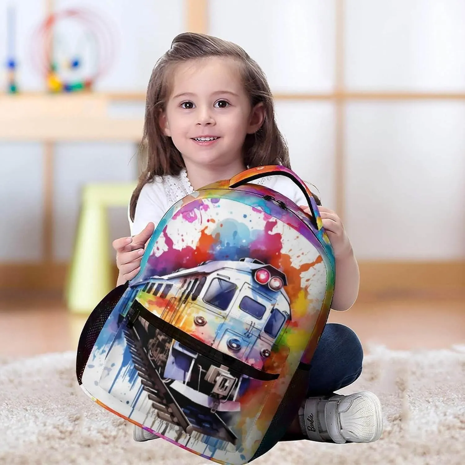 Train Backpack for Kids Girls Boys School, 16 Inches Cute Train Theme Bookbag, Adjustable, Lightweight, Large Capacity, Colorful Train Backpack for School