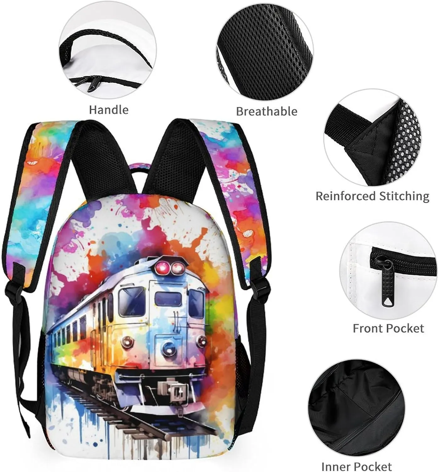 Train Backpack for Kids Girls Boys School, 16 Inches Cute Train Theme Bookbag, Adjustable, Lightweight, Large Capacity, Colorful Train Backpack for School