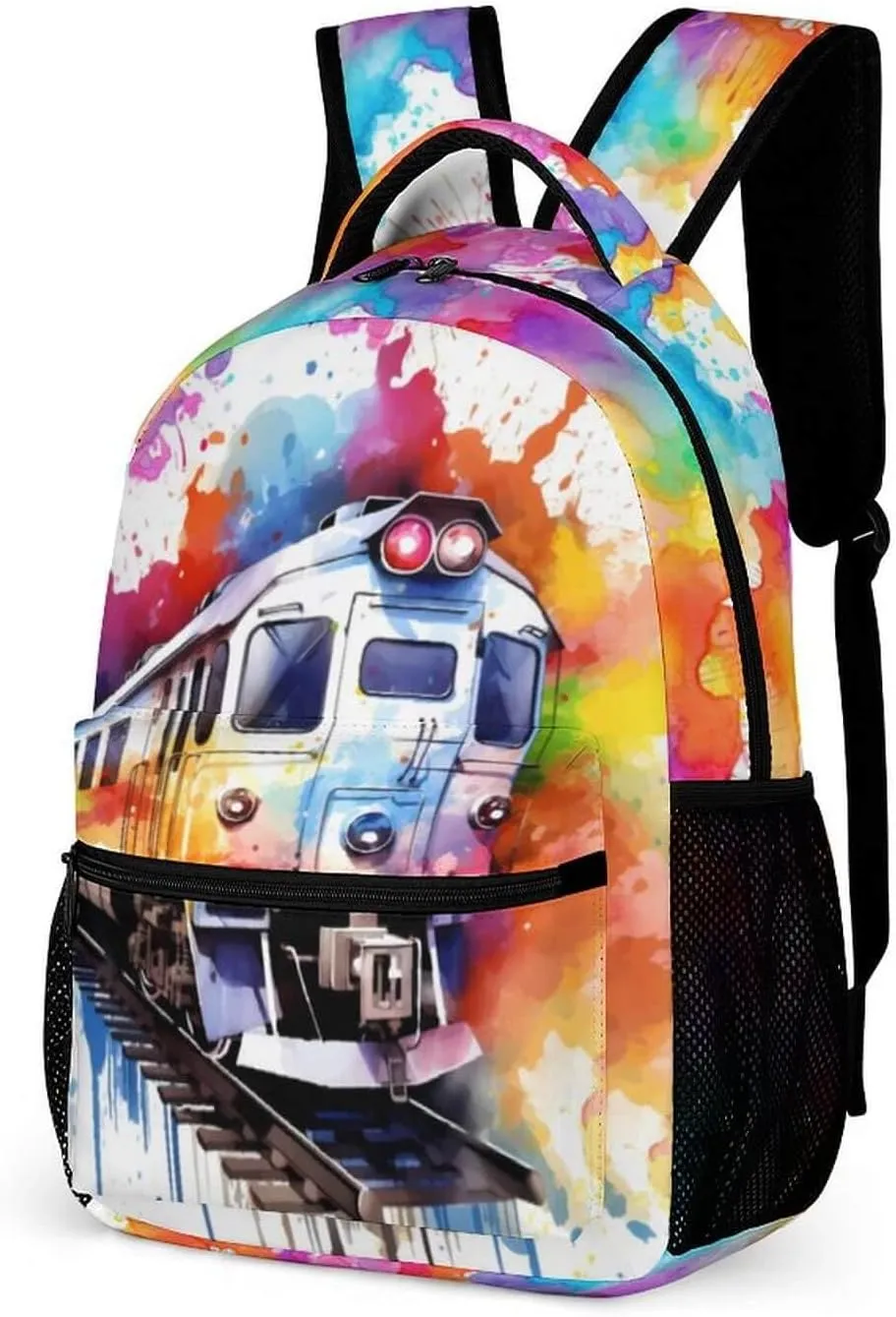 Train Backpack for Kids Girls Boys School, 16 Inches Cute Train Theme Bookbag, Adjustable, Lightweight, Large Capacity, Colorful Train Backpack for School