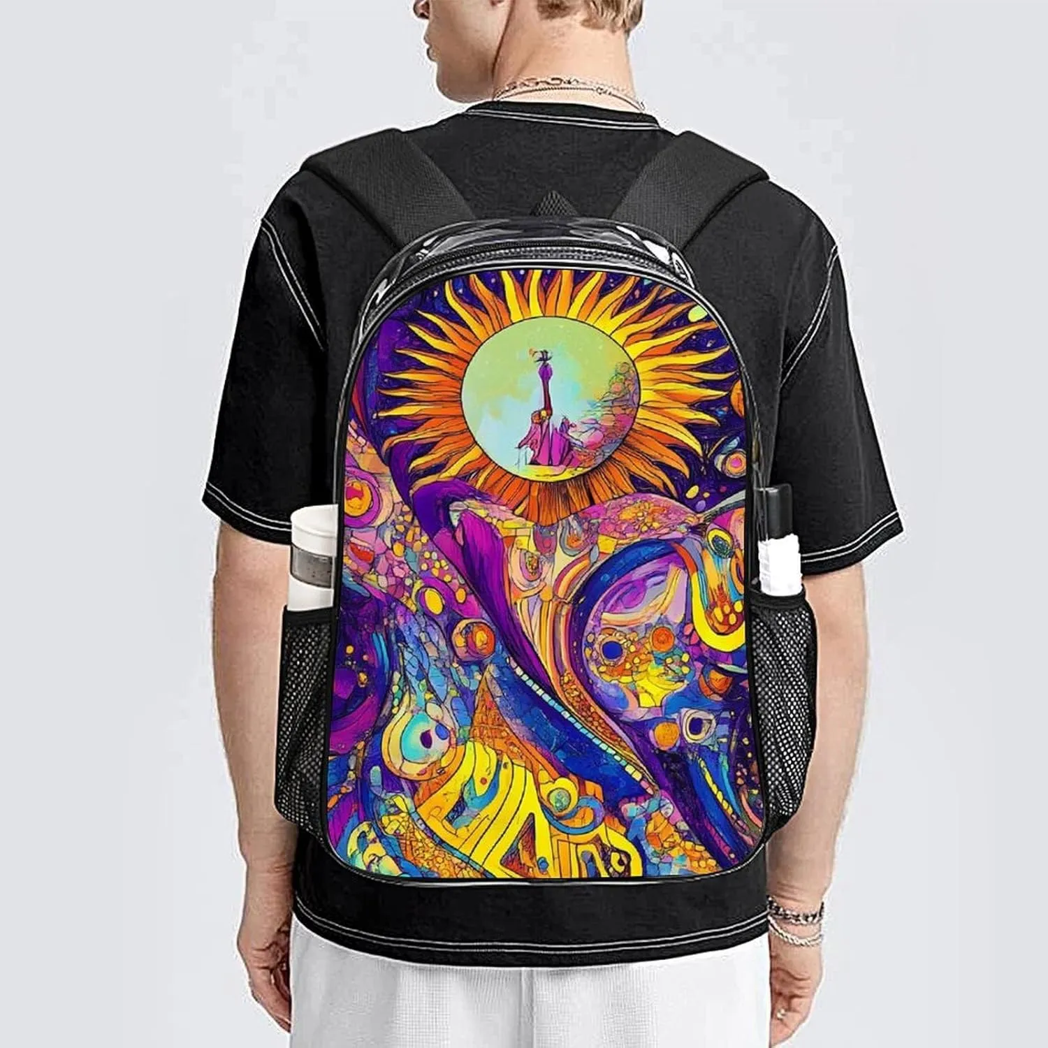 Transparent Daypack Bookbag for Gym Business Bicycle - Large Capacity Multipurpose Anti-Theft Carry On Bag, Colorful Doodle Surreal Landscape Fantastic Sun Mushroom Travel Hiking Daypack
