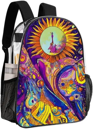 Transparent Daypack Bookbag for Gym Business Bicycle - Large Capacity Multipurpose Anti-Theft Carry On Bag, Colorful Doodle Surreal Landscape Fantastic Sun Mushroom Travel Hiking Daypack