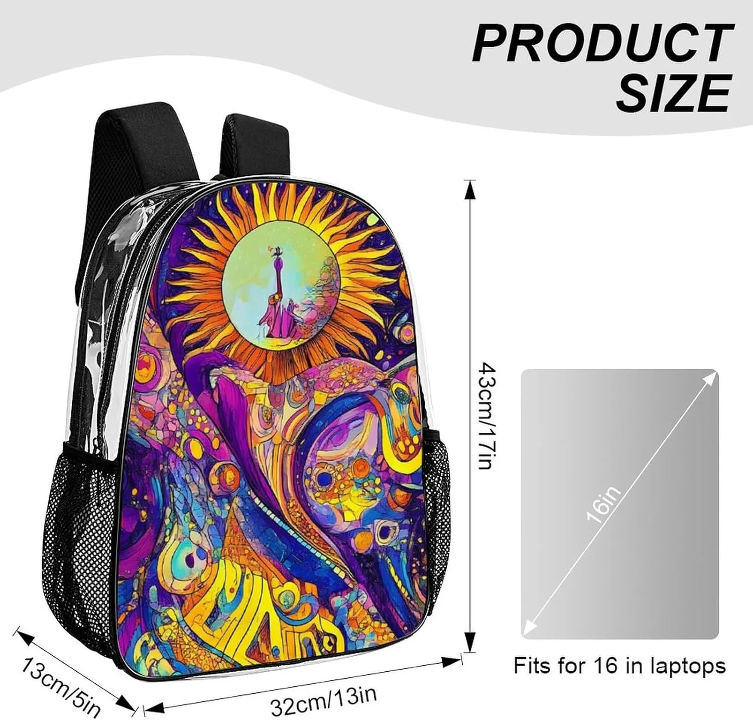 Transparent Daypack Bookbag for Gym Business Bicycle - Large Capacity Multipurpose Anti-Theft Carry On Bag, Colorful Doodle Surreal Landscape Fantastic Sun Mushroom Travel Hiking Daypack