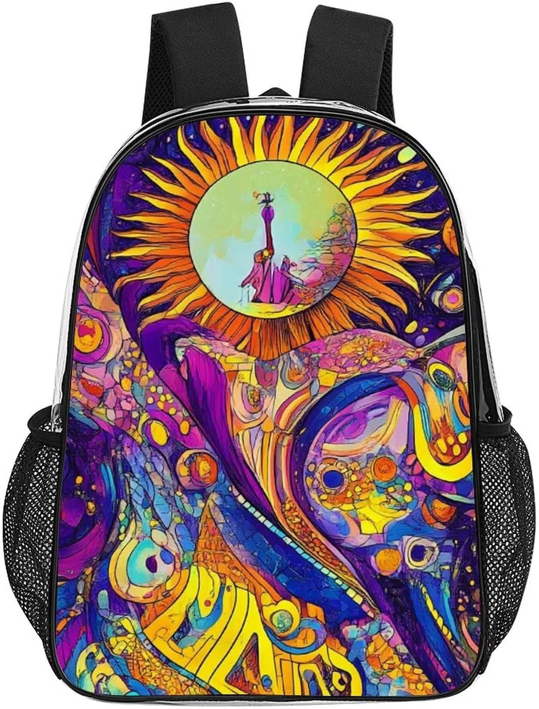 Transparent Daypack Bookbag for Gym Business Bicycle - Large Capacity Multipurpose Anti-Theft Carry On Bag, Colorful Doodle Surreal Landscape Fantastic Sun Mushroom Travel Hiking Daypack