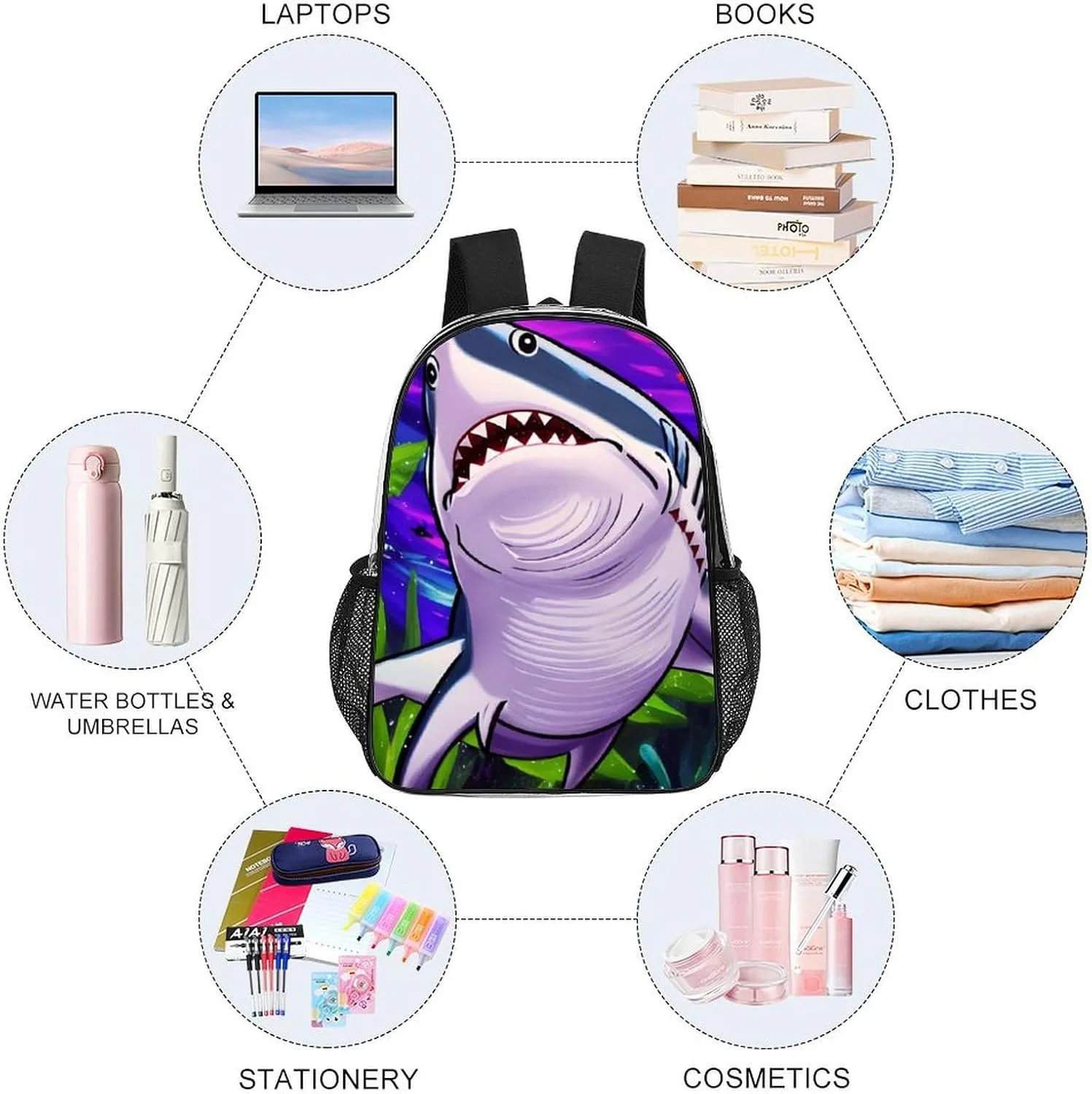 Transparent Daypack for Camping Travel Walking Cycling - Big Capacity Anti-Theft Multipurpose Bookbag, Cute Shark Art Camping Outdoor Backpack