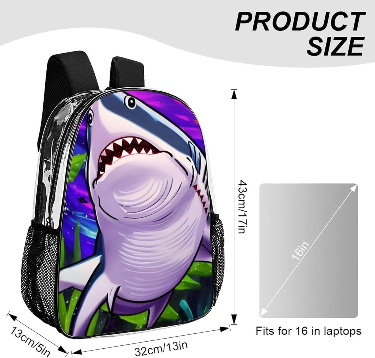 Transparent Daypack for Camping Travel Walking Cycling - Big Capacity Anti-Theft Multipurpose Bookbag, Cute Shark Art Camping Outdoor Backpack