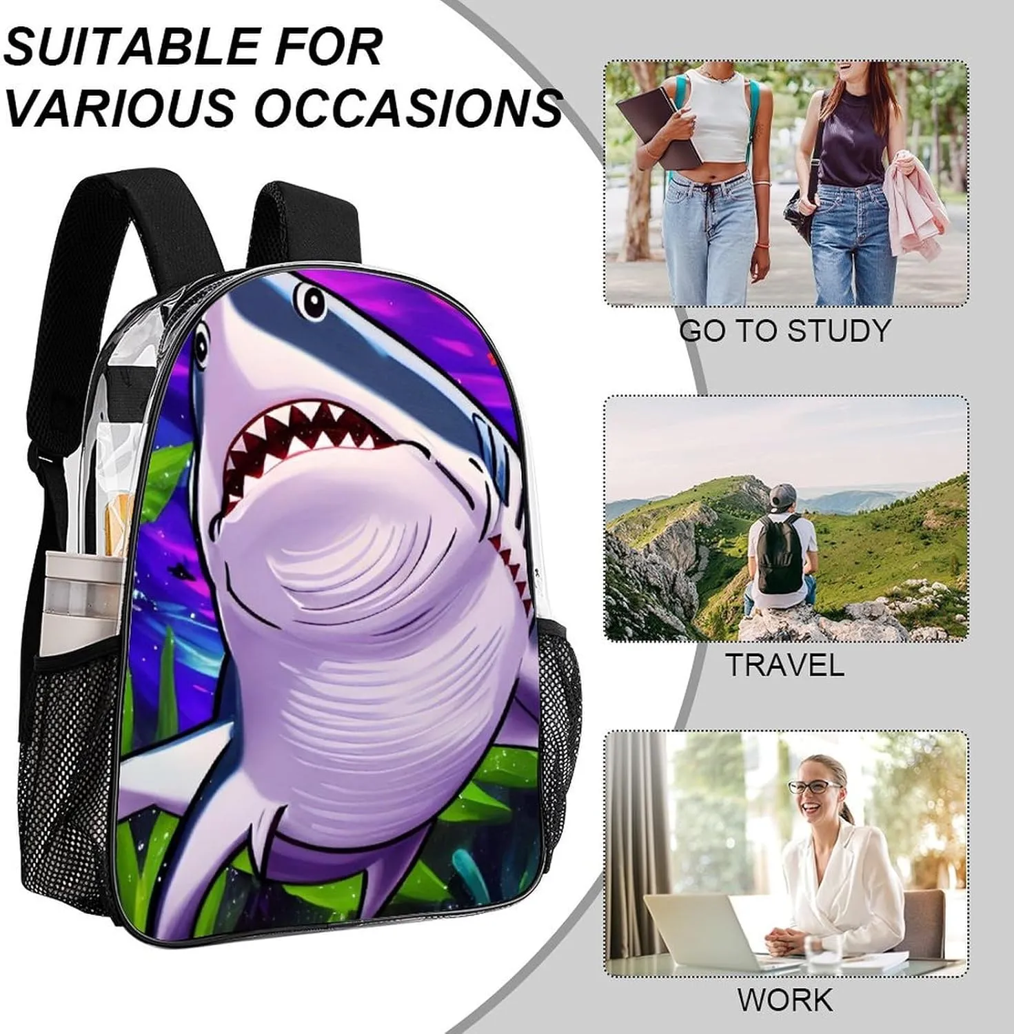 Transparent Daypack for Camping Travel Walking Cycling - Big Capacity Anti-Theft Multipurpose Bookbag, Cute Shark Art Camping Outdoor Backpack