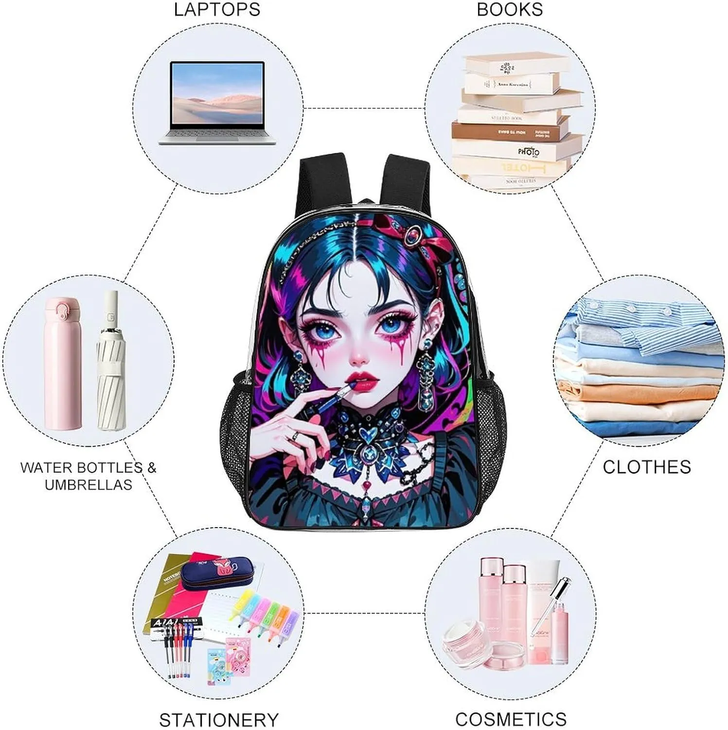 Transparent Daypack for Hiking Work Running - Big Capacity Anti-Theft Multipurpose Shoulder Bag, Beautiful Gothic Women Neon Art Travel and Sport Backpack Rucksack