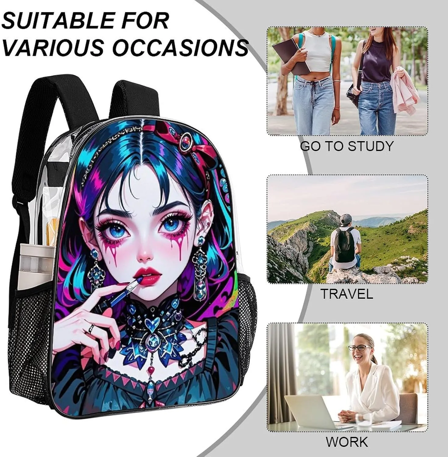 Transparent Daypack for Hiking Work Running - Big Capacity Anti-Theft Multipurpose Shoulder Bag, Beautiful Gothic Women Neon Art Travel and Sport Backpack Rucksack