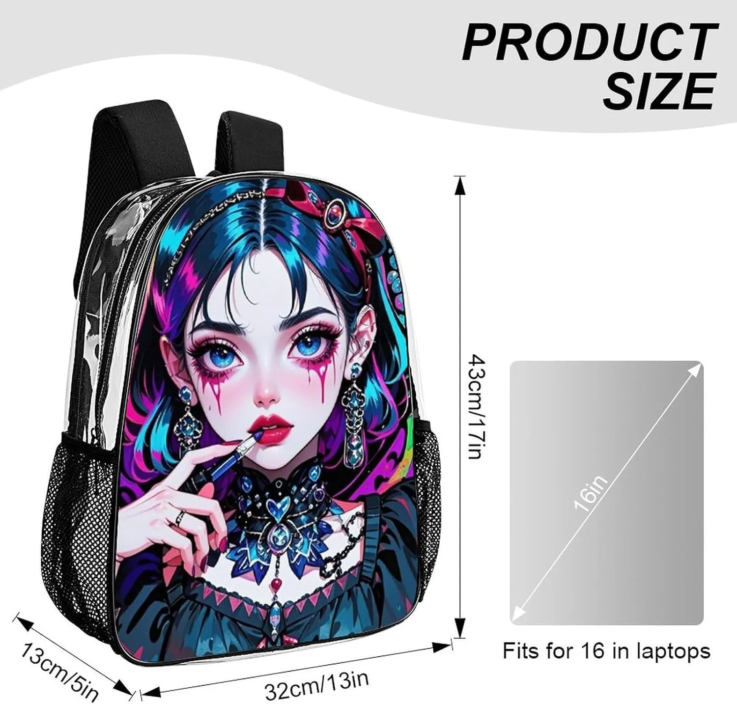 Transparent Daypack for Hiking Work Running - Big Capacity Anti-Theft Multipurpose Shoulder Bag, Beautiful Gothic Women Neon Art Travel and Sport Backpack Rucksack