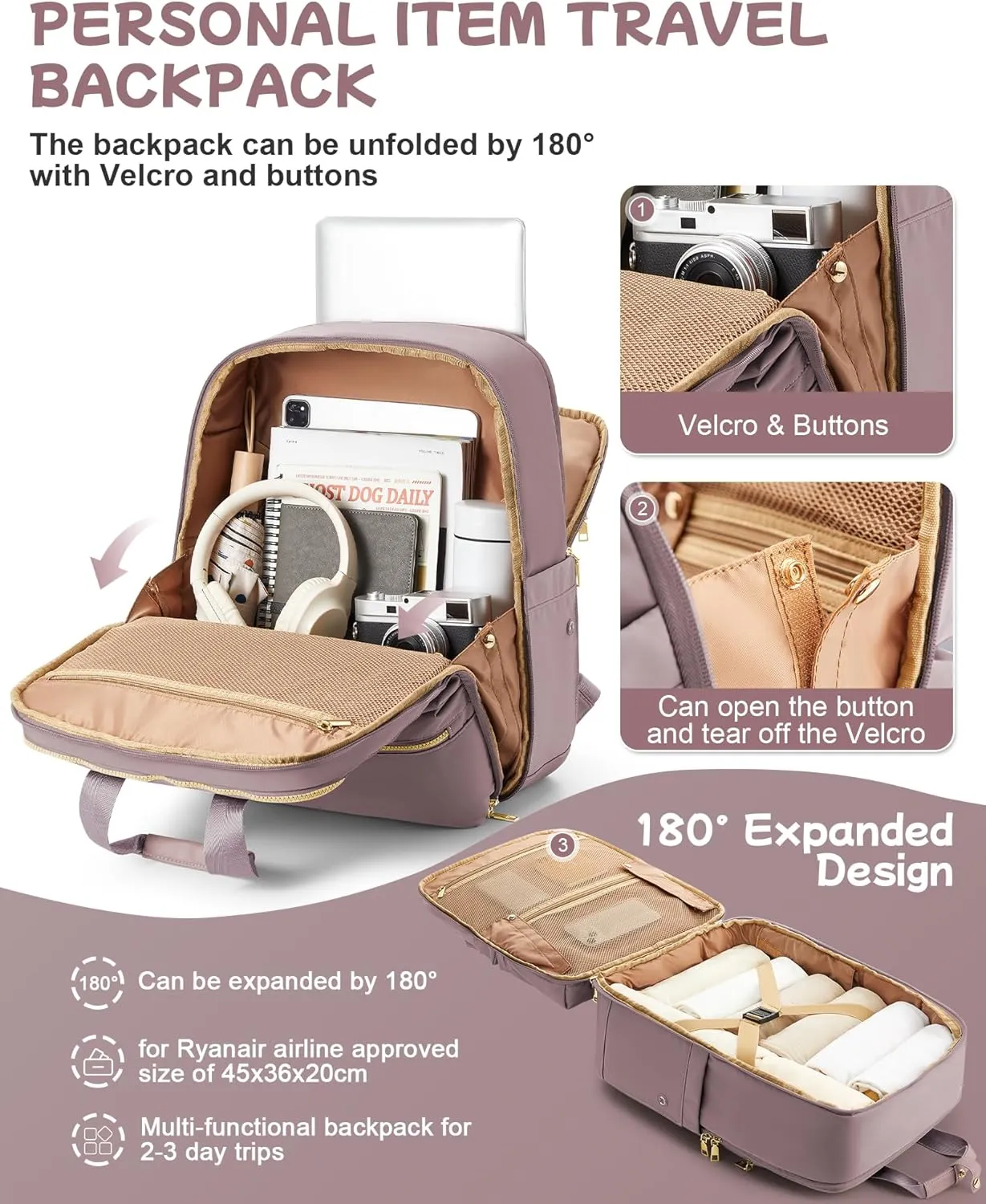 Travel Backpack Carry On Flight Approved Large Travel Backpack For Women Carry On Backpack Personal Item Travel Bag Laptop Teacher Backpack Work Backpack For Traveling On Airplane Pink Purple