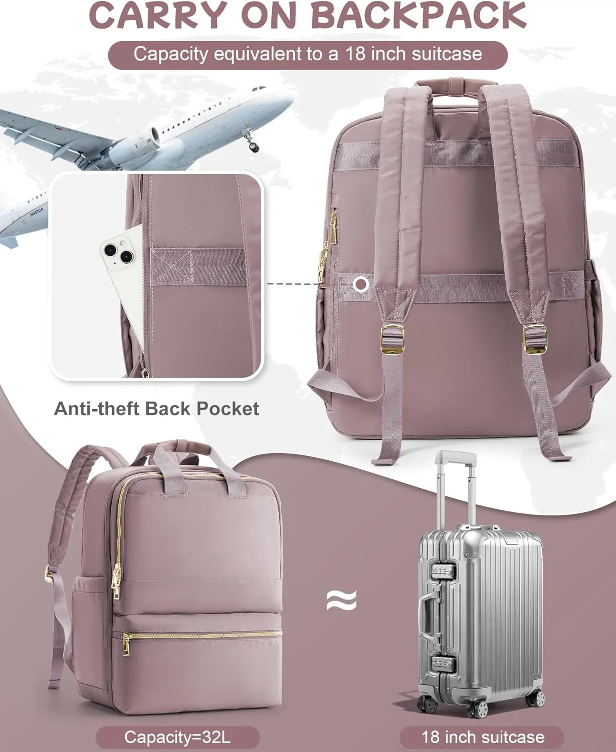 Travel Backpack Carry On Flight Approved Large Travel Backpack For Women Carry On Backpack Personal Item Travel Bag Laptop Teacher Backpack Work Backpack For Traveling On Airplane Pink Purple