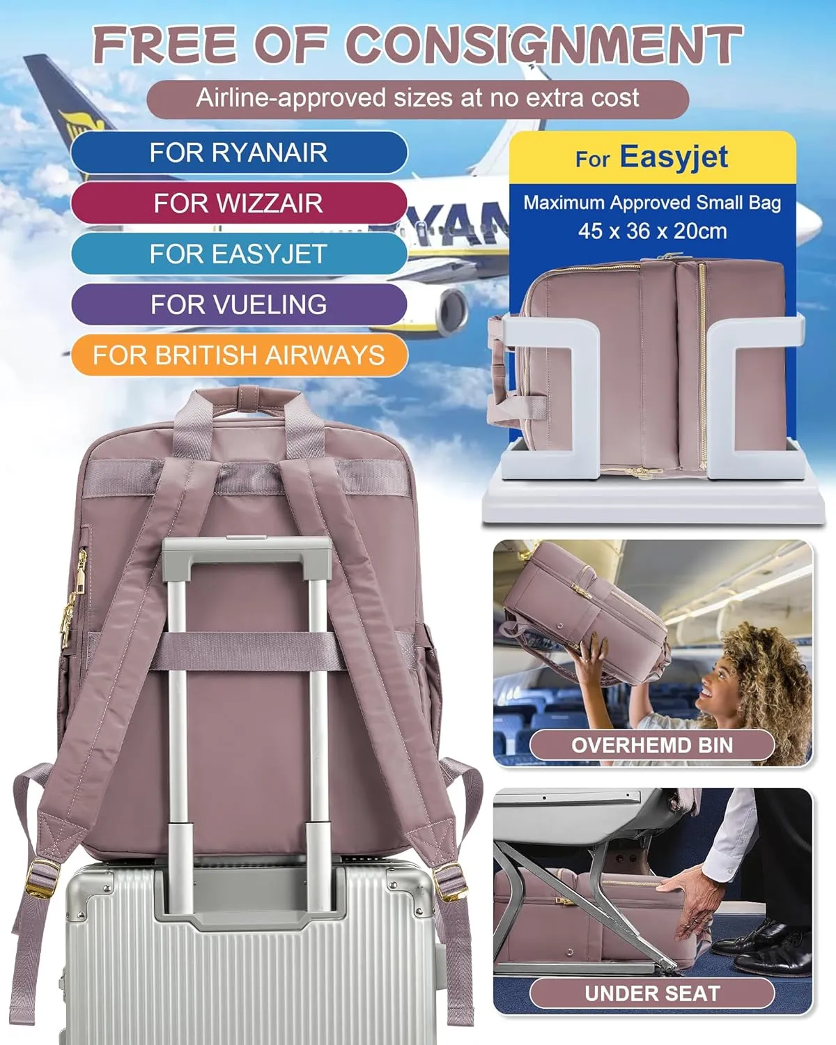 Travel Backpack Carry On Flight Approved Large Travel Backpack For Women Carry On Backpack Personal Item Travel Bag Laptop Teacher Backpack Work Backpack For Traveling On Airplane Pink Purple