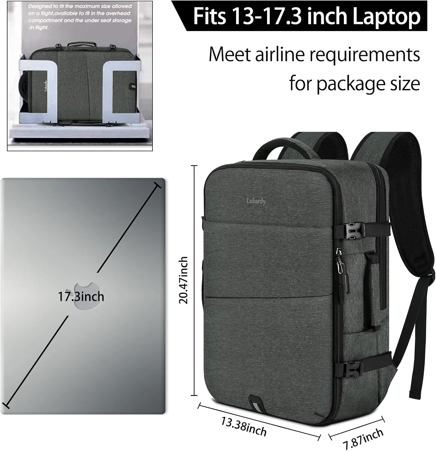 Travel Backpack for Men Women 17 Inch Flight Approved Carry on Backpack Waterproof Large 40L Luggage Daypack Business College Weekender Overnight Laptop Backpack with 3 Packing Cubes, Grey