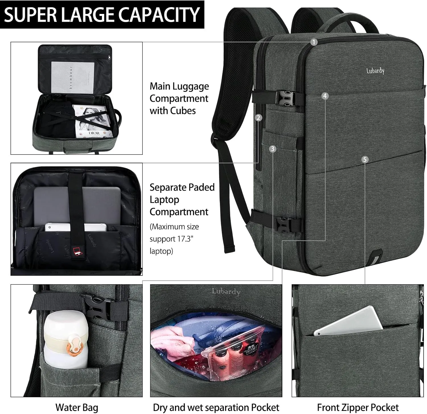 Travel Backpack for Men Women 17 Inch Flight Approved Carry on Backpack Waterproof Large 40L Luggage Daypack Business College Weekender Overnight Laptop Backpack with 3 Packing Cubes, Grey