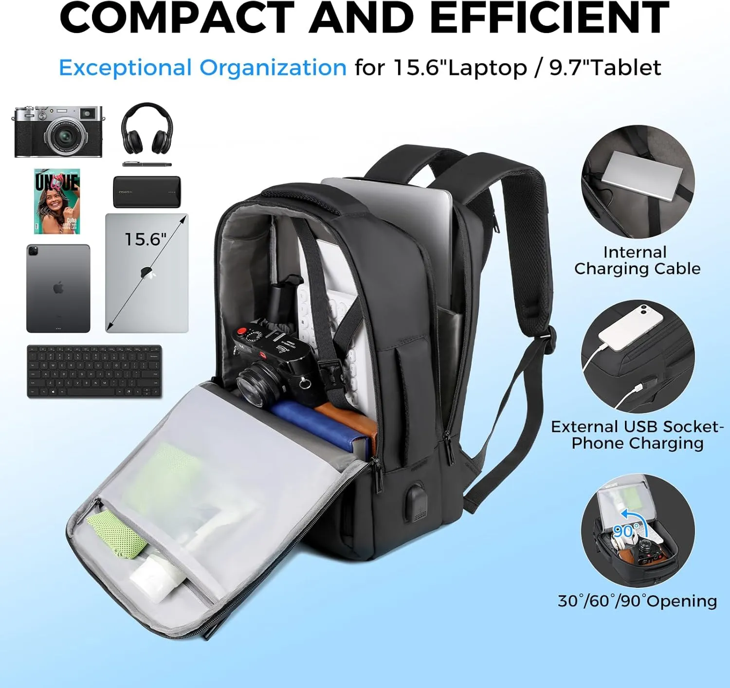 Travel Backpack for Men Women, Carry on Backpack, TSA 15.6 inch Laptop Backpack Flight Approved, Waterproof Personal Item Travel Bag, Business Work Weekender Bag Daypack Luggage - Black