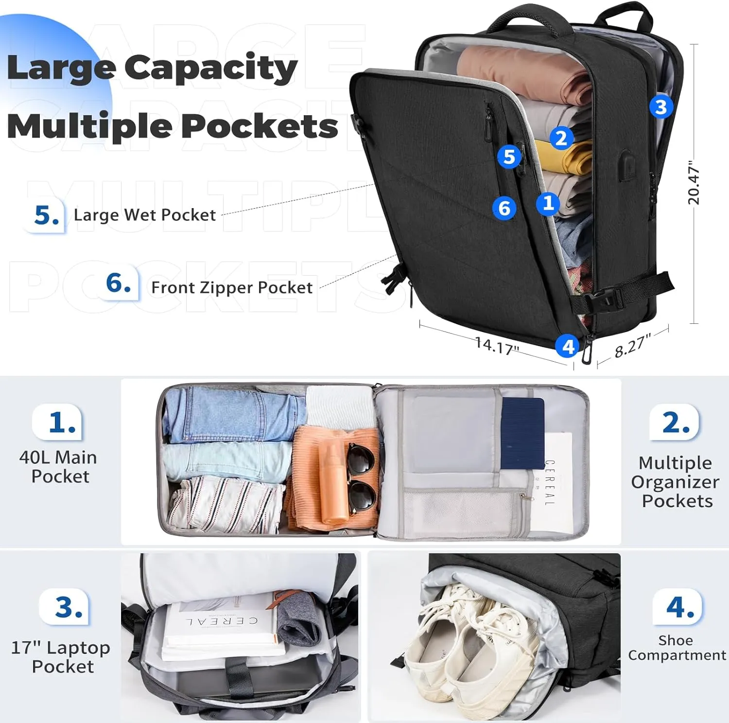 Travel Backpack for Women Men, Carry on Backpack, 18×14×8 Inches Airlines Personal Item Casual Daypacks (Dark Gray, Extra Large)