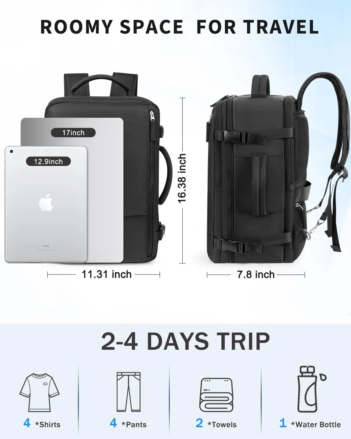 Travel Backpack for Women Men, Carry On Backpacks Personal Item Bag, TSA 17 Inch Laptop Bags, Waterproof Backpack Flight Approved, Nurse Bag Casual Daypack for School, Business, College, Black