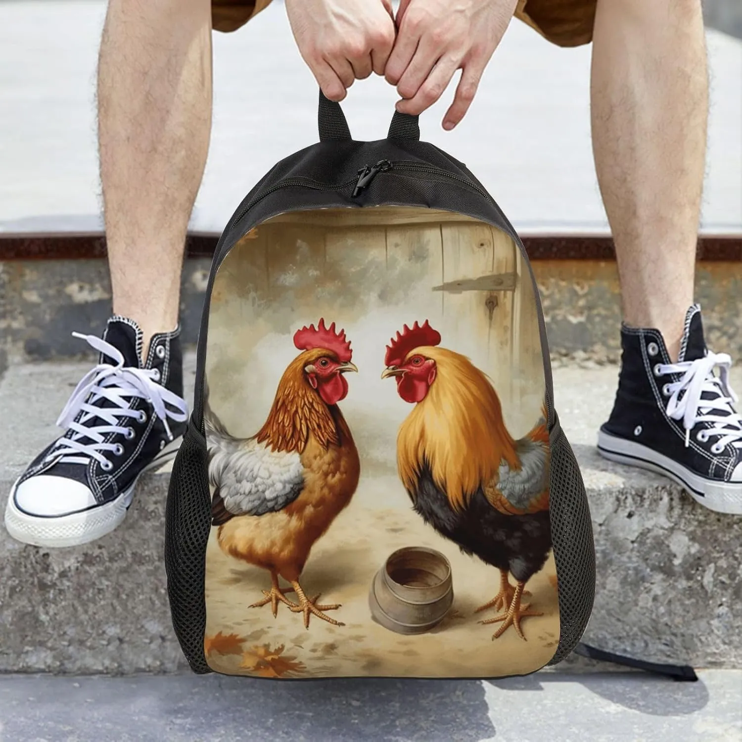 Travel Backpack for Women Men Lightweight 17 inch Laptop Bag Chicken And Rooster Print Backpack Casual Daypack
