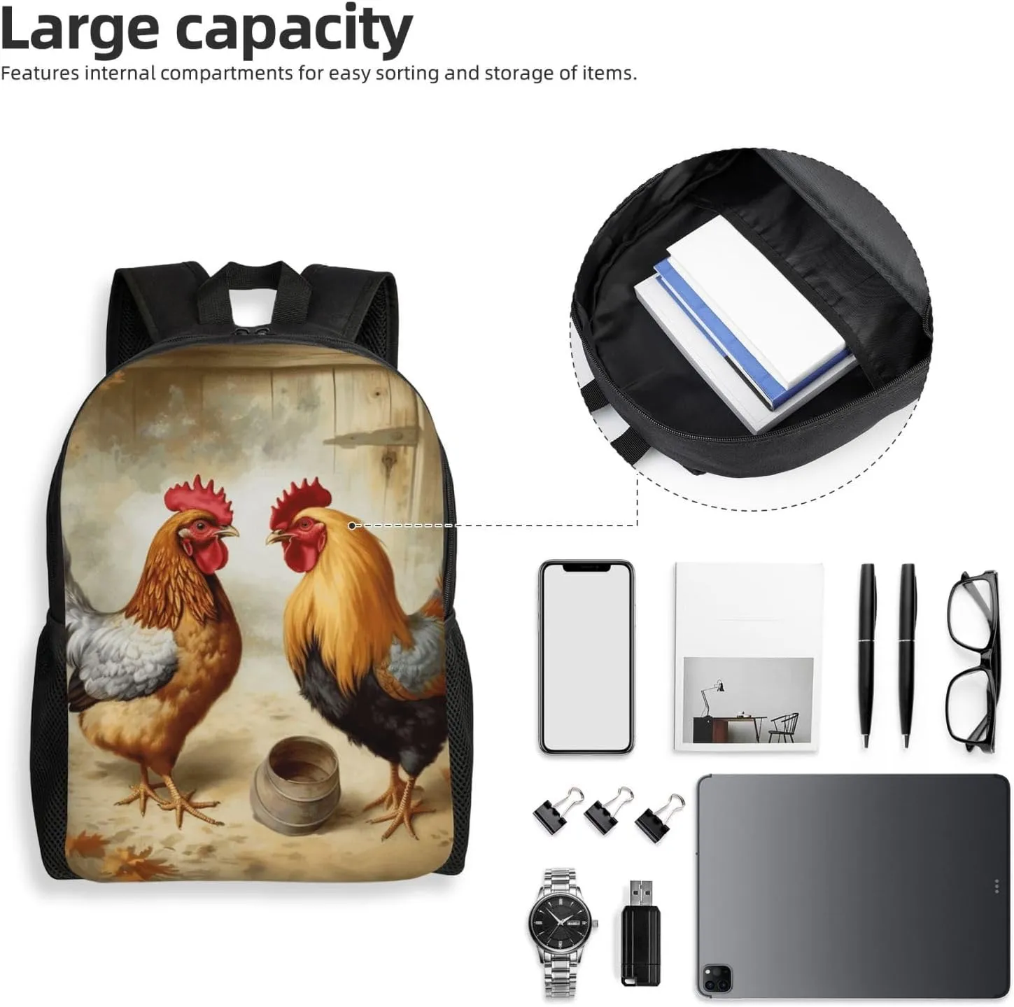 Travel Backpack for Women Men Lightweight 17 inch Laptop Bag Chicken And Rooster Print Backpack Casual Daypack