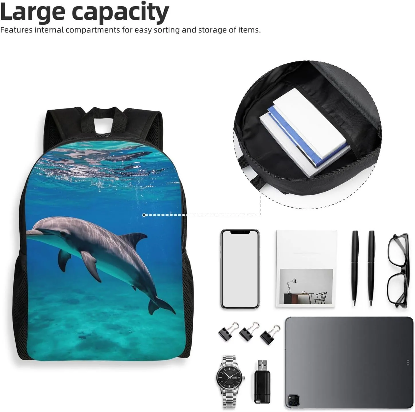 Travel Backpack for Women Men Lightweight 17 inch Laptop Bag Marine dolphin Backpack Casual Daypack