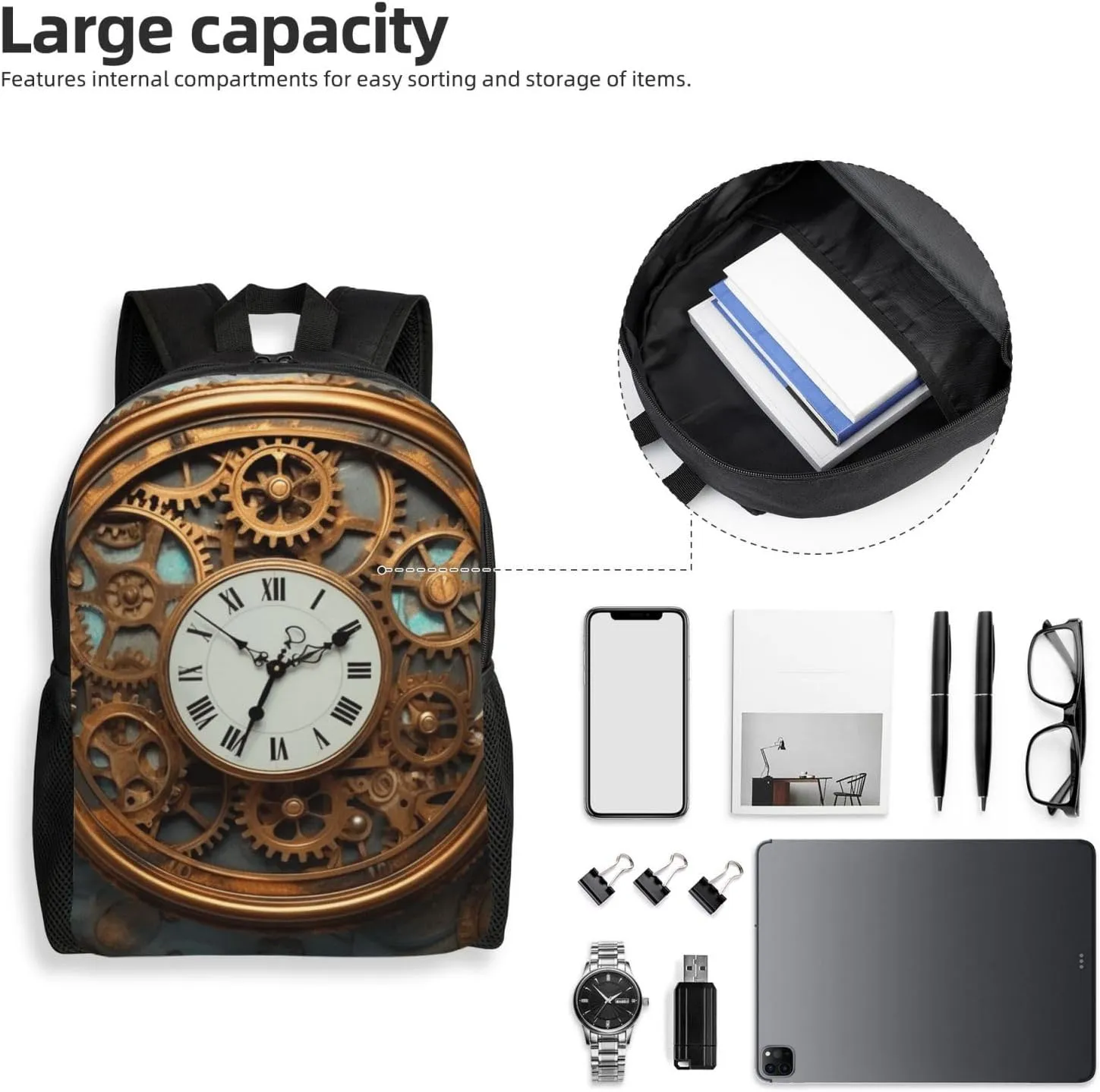 Travel Backpack for Women Men Lightweight 17 inch Laptop Bag Rusty Steampunk Clock Backpack Casual Daypack