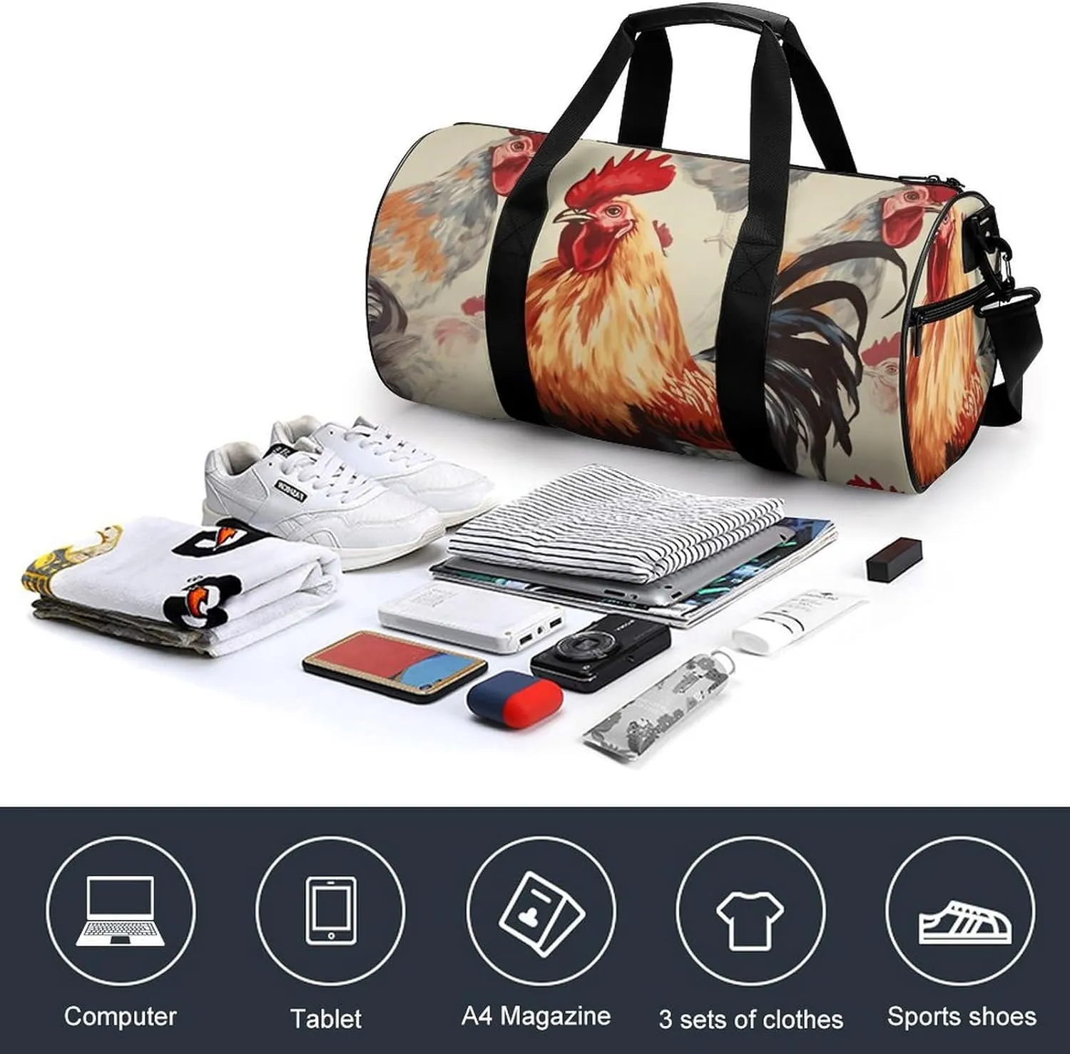 Travel Duffel Bag for Men And Women,Animal Art Chicken Painting Waterproof Sports Fitness Bag Portable Travel Duffel Bag