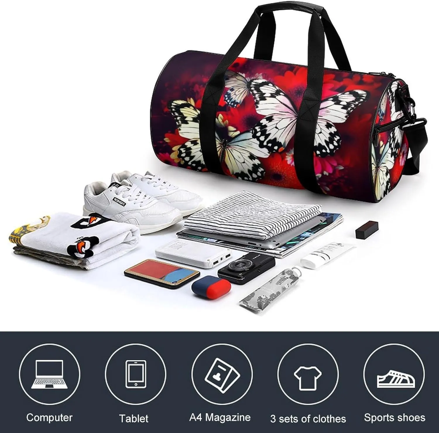 Travel Duffel Bag for Men And Women,Colorful Flowers Butterflies Waterproof Sports Fitness Bag Portable Travel Duffel Bag