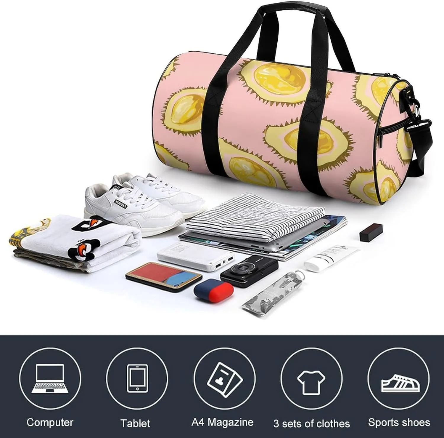 Travel Duffel Bag for Men And Women,Durian Cartoon Pattern Waterproof Sports Fitness Bag Portable Travel Duffel Bag